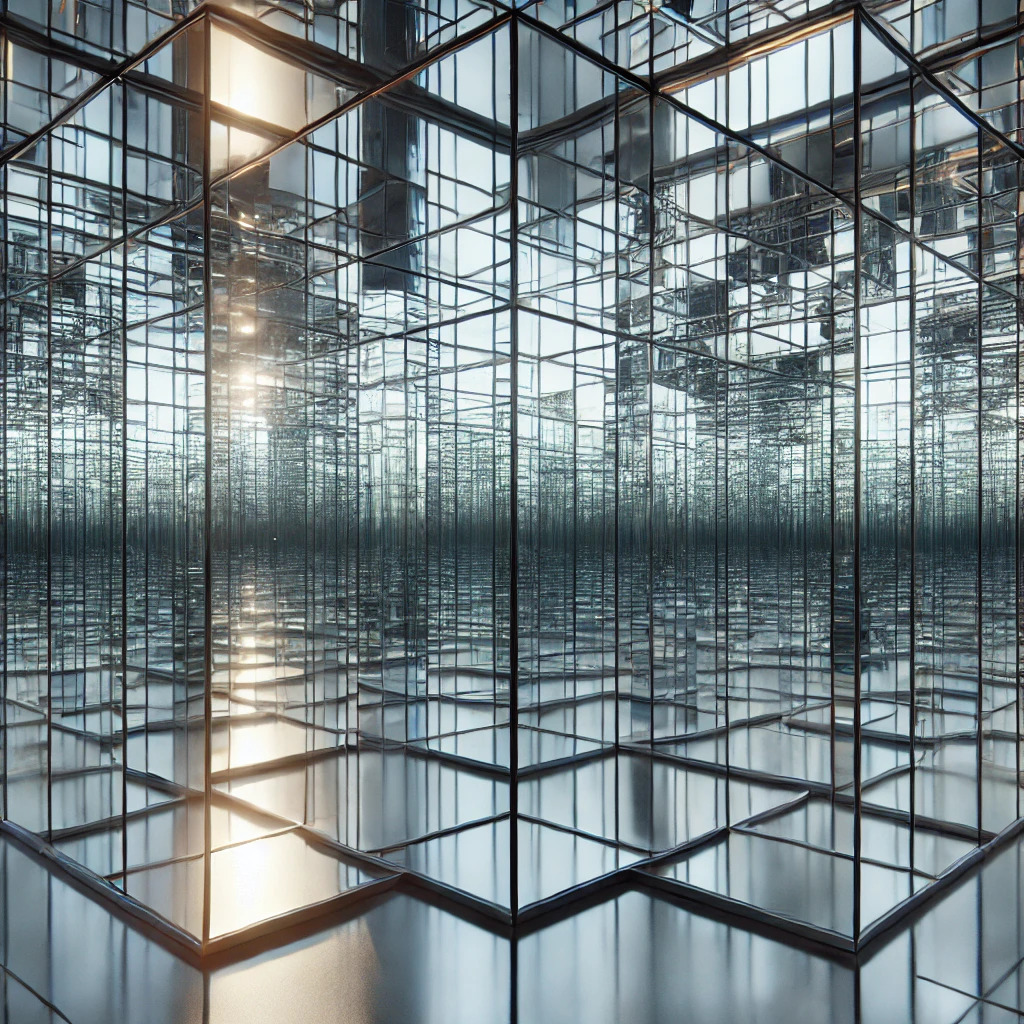 DALL·E 2024-09-24 11.12.38 - A realistic depiction of a mirror maze with a complex arrangement of reflective glass panels. The mirrors create endless optical illusions with intric
